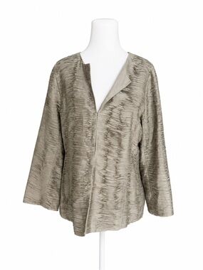 Eileen‎ Fisher Ripple Bindu Silk Jacket Small S Metallic Taupe Pleated Evening